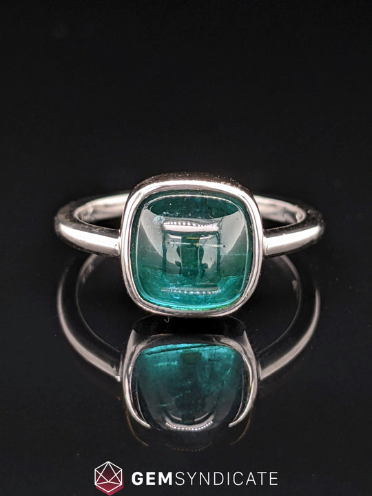 Stylish Bezel Set Cabochon Indicolite Tourmaline Solitaire Ring in 14k White Gold