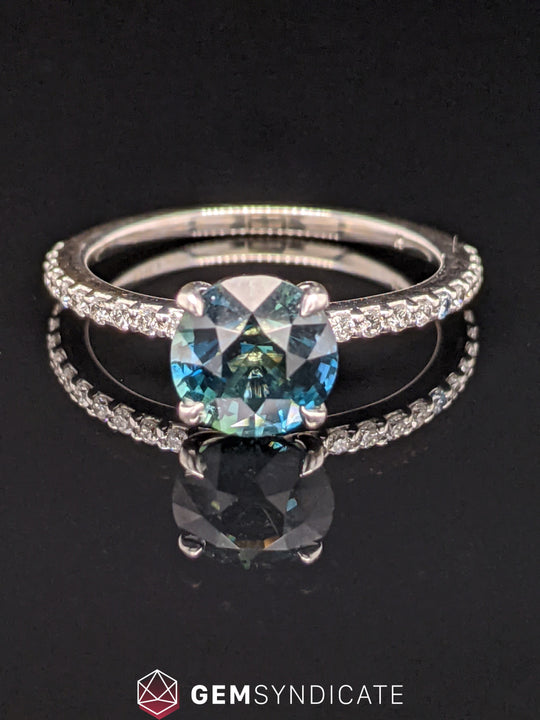 Astounding Round Teal Sapphire Ring in 14k White Gold