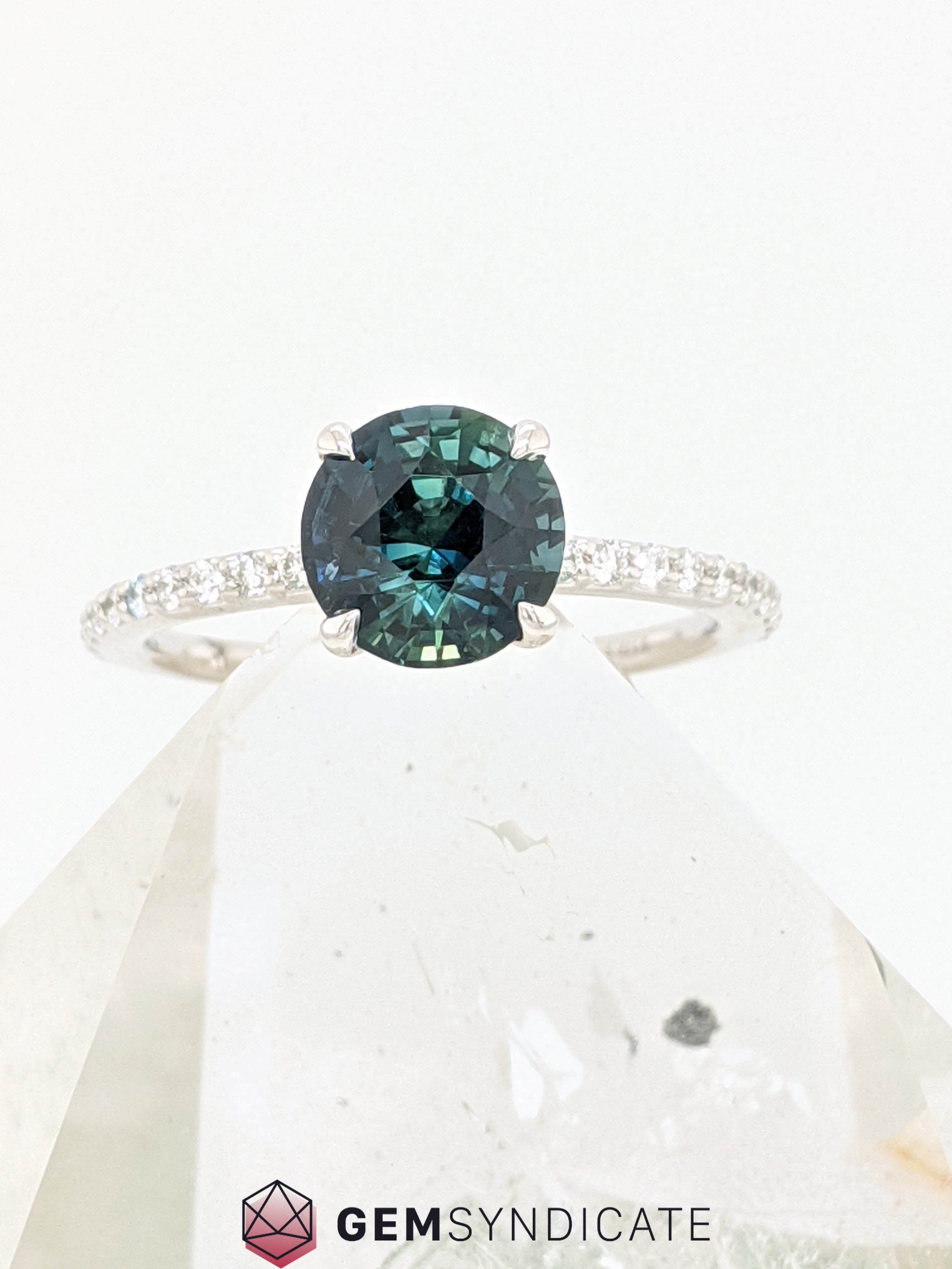 Astounding Round Teal Sapphire Ring in 14k White Gold