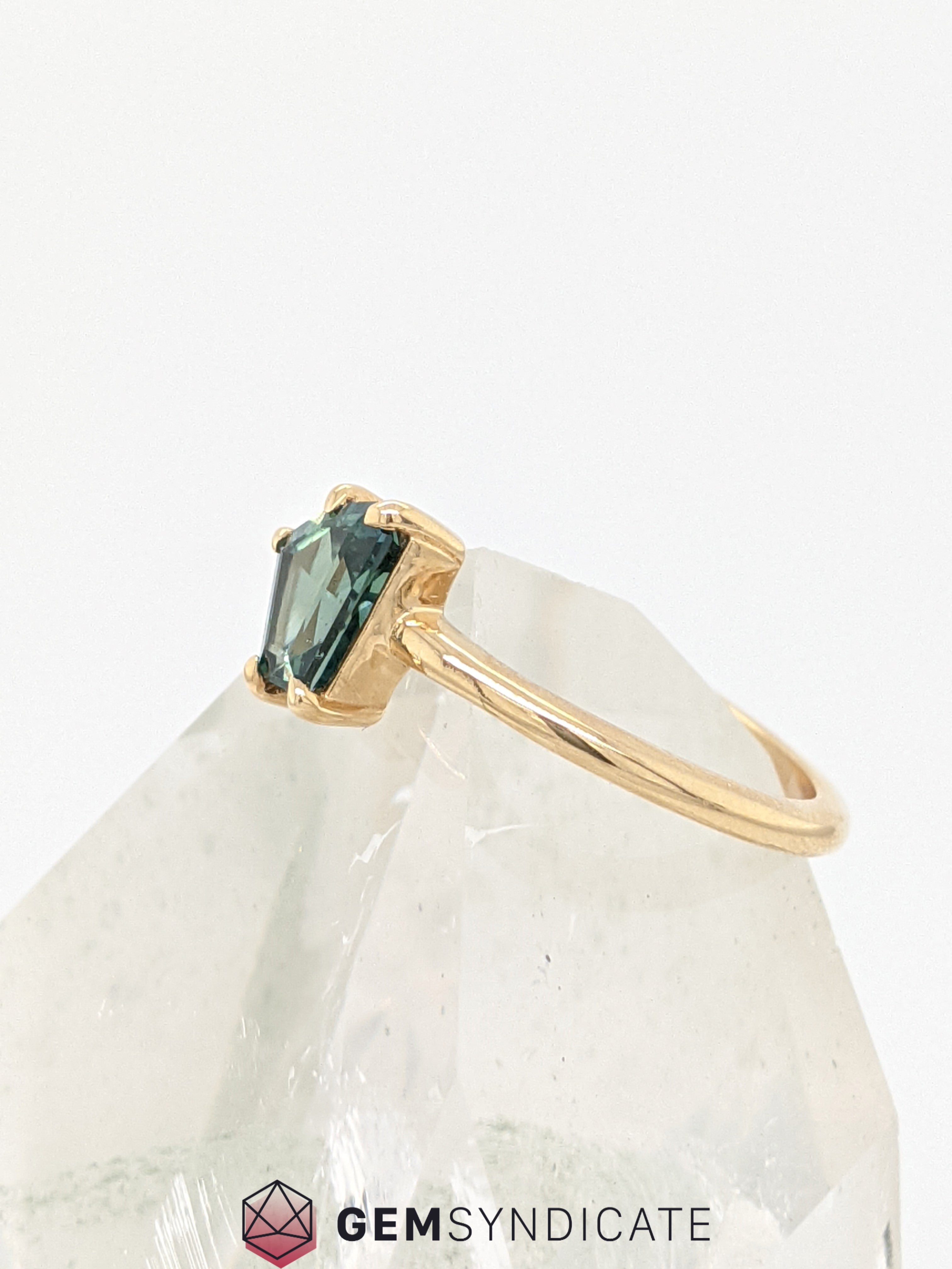 Exceptional Fancy Shape Teal Sapphire Ring in 14k Yellow Gold