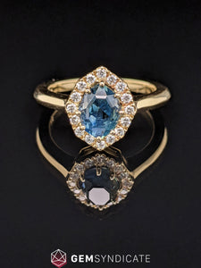 Commanding Teal Sapphire w/ Pave Diamond Halo Ring