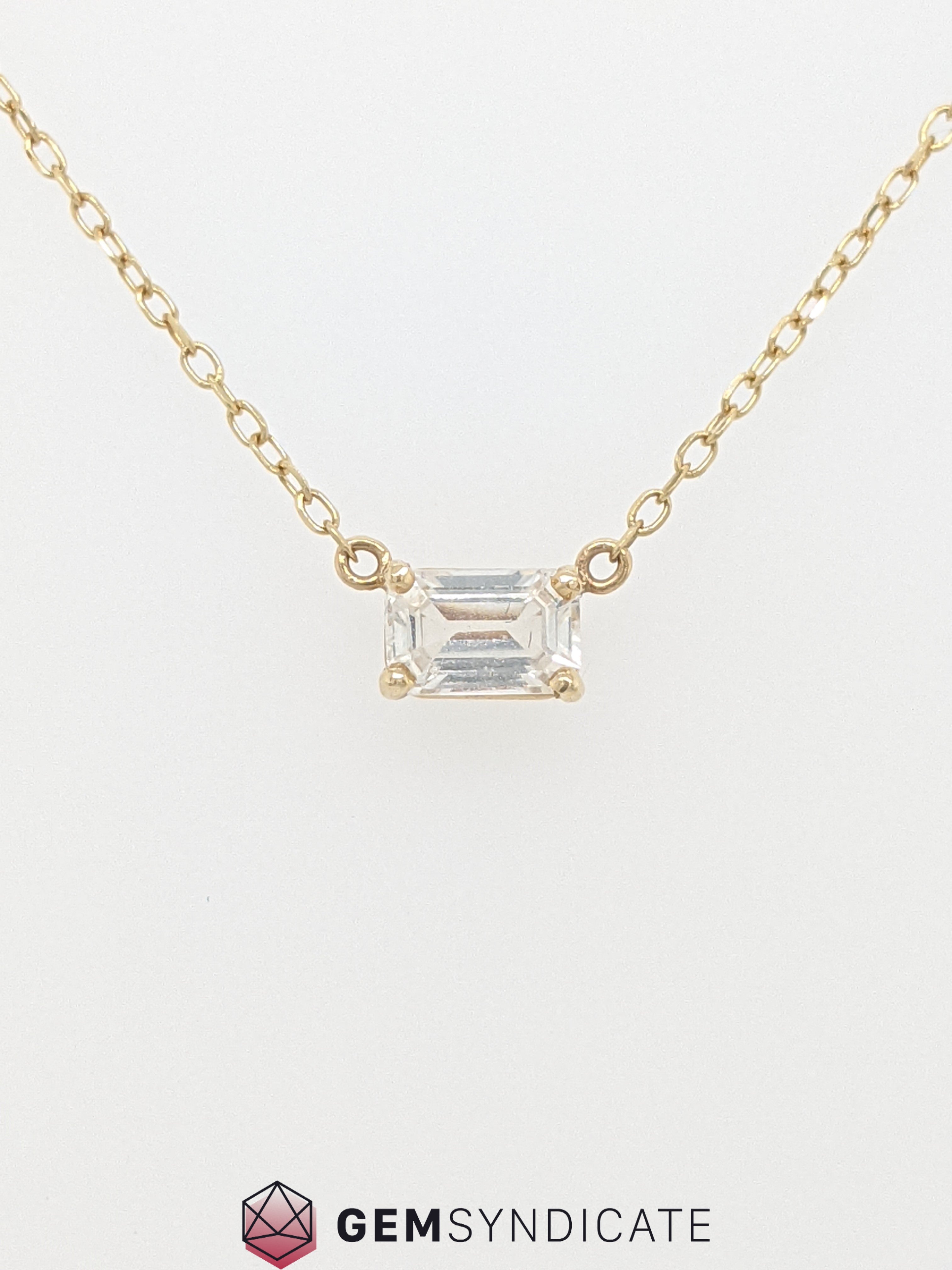 Flirty Emerald Cut White Sapphire Solitaire Necklace in 14k Yellow Gold