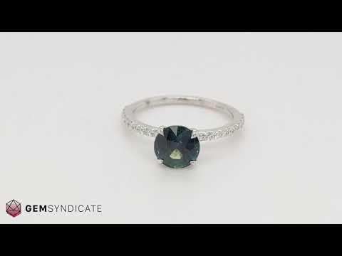 Astounding Round Teal Sapphire Ring in 14k White Gold